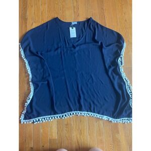 Women’s Navy Pom-Pom Swim Coverup - Lightweight V-Neck